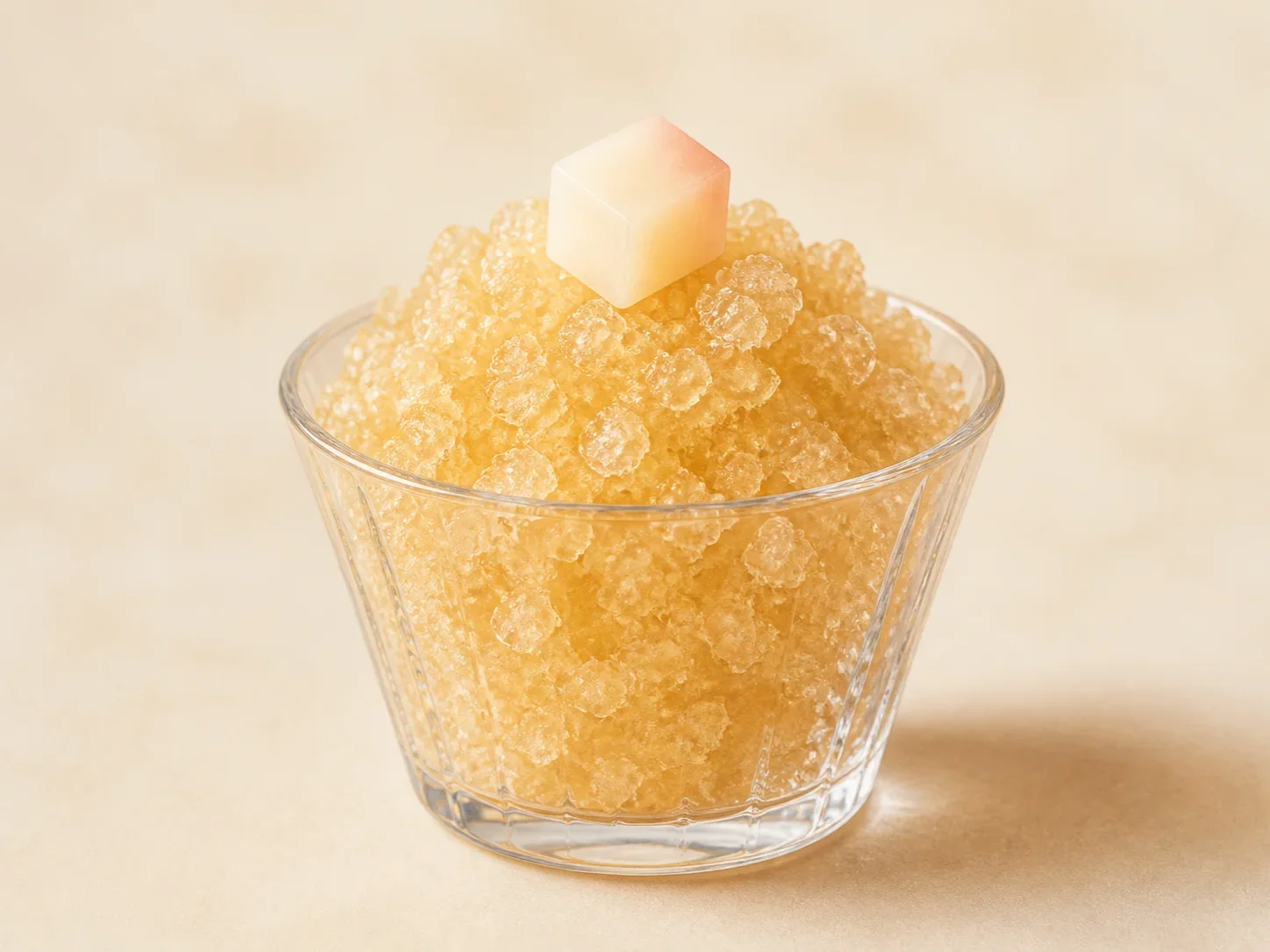 A finished serving of peach oolong kefir granita