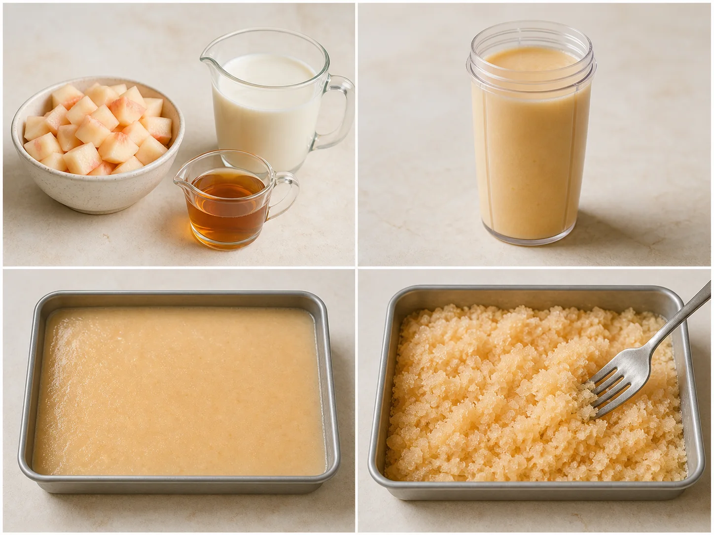 Four illustrated panels show peach, kefir and tea, the blended liquid, a shallow frozen tray, and crystals scraped with a fork.