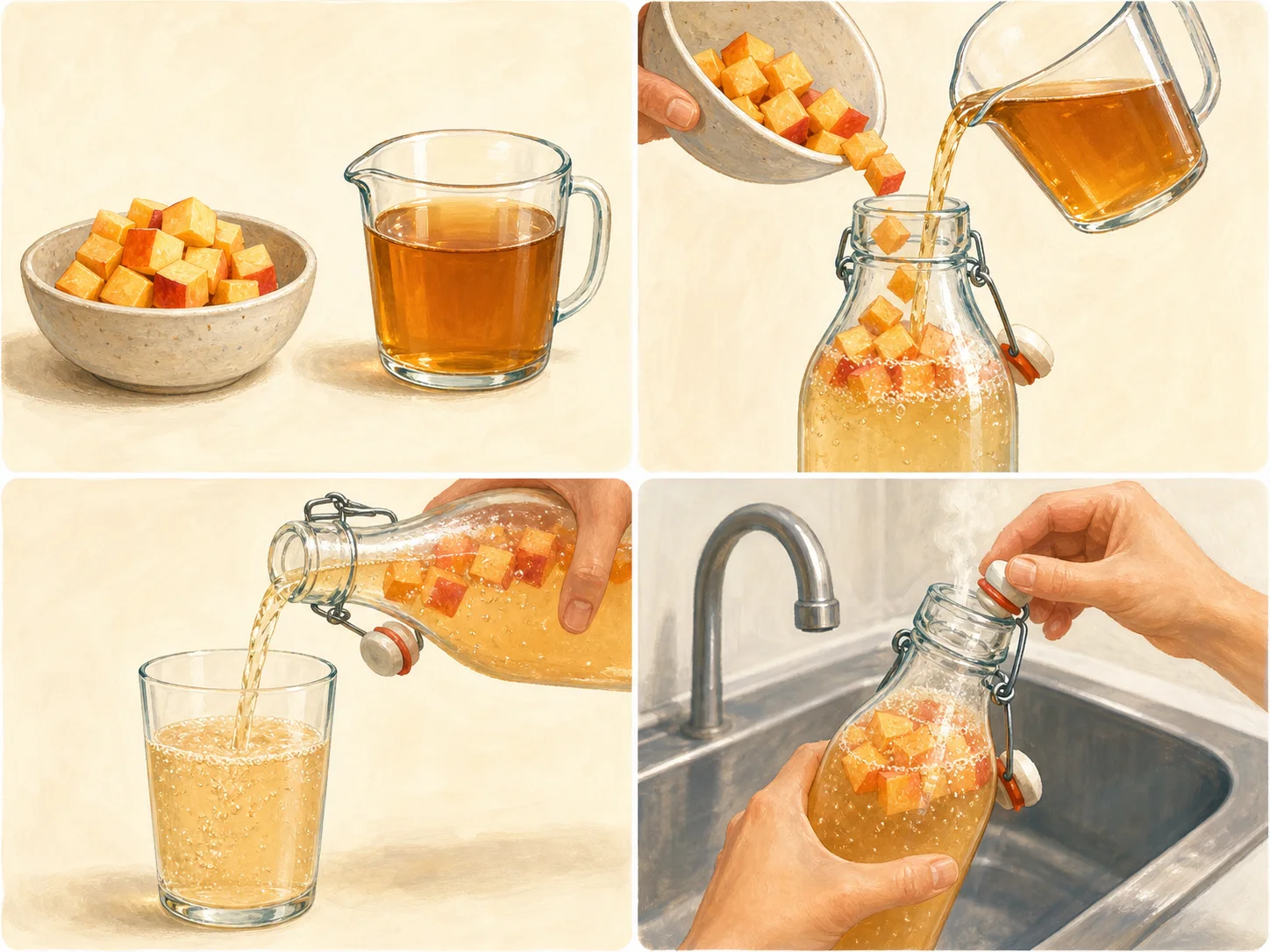 Four illustrated steps: prepare the flavor, fill the bottle, pour the chilled drink, and open the bottle slowly over the sink