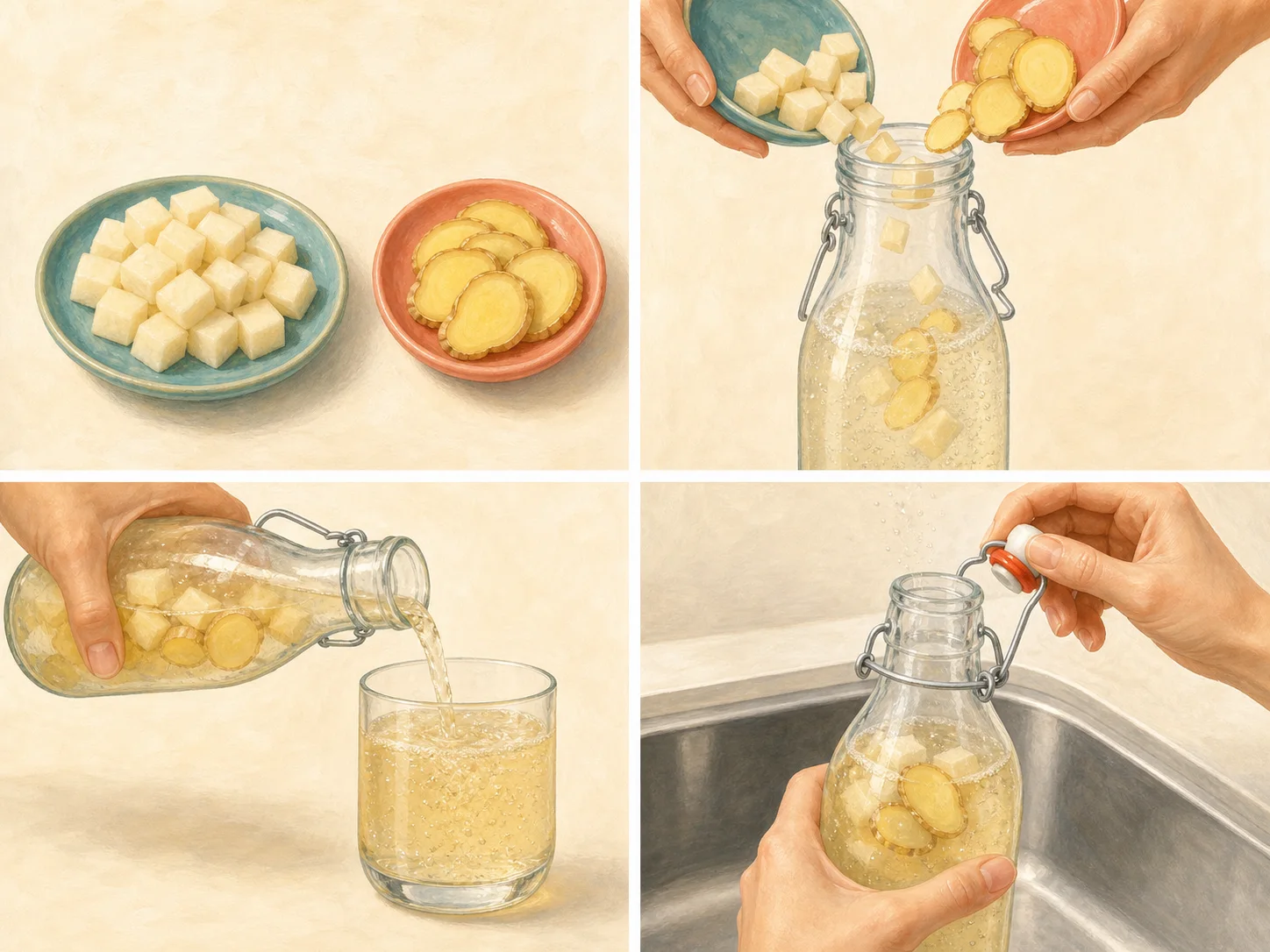 Four illustrated steps: prepare the flavor, fill the bottle, pour the chilled drink, and open the bottle slowly over the sink