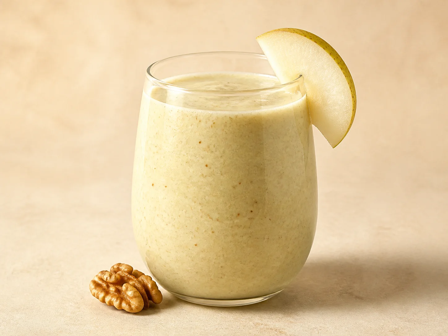 A finished serving of pear walnut kefir smoothie