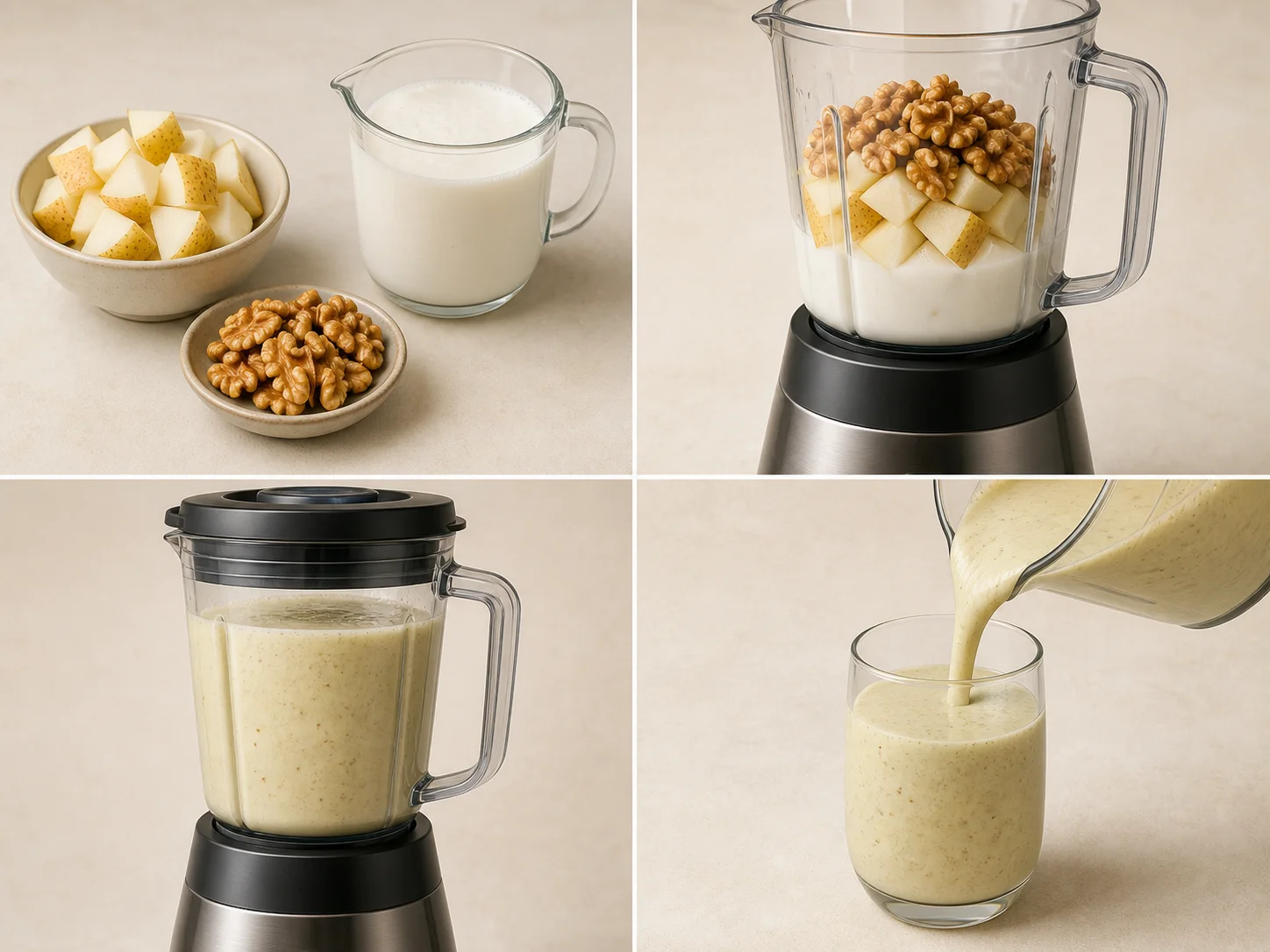 Four illustrated steps: prepare the fruit and kefir, load the blender, blend until smooth, and pour the smoothie
