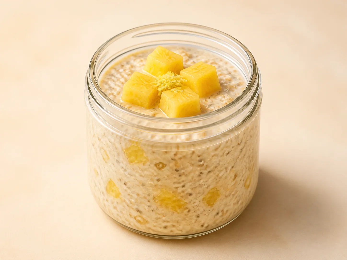 A finished serving of pineapple ginger kefir overnight oats