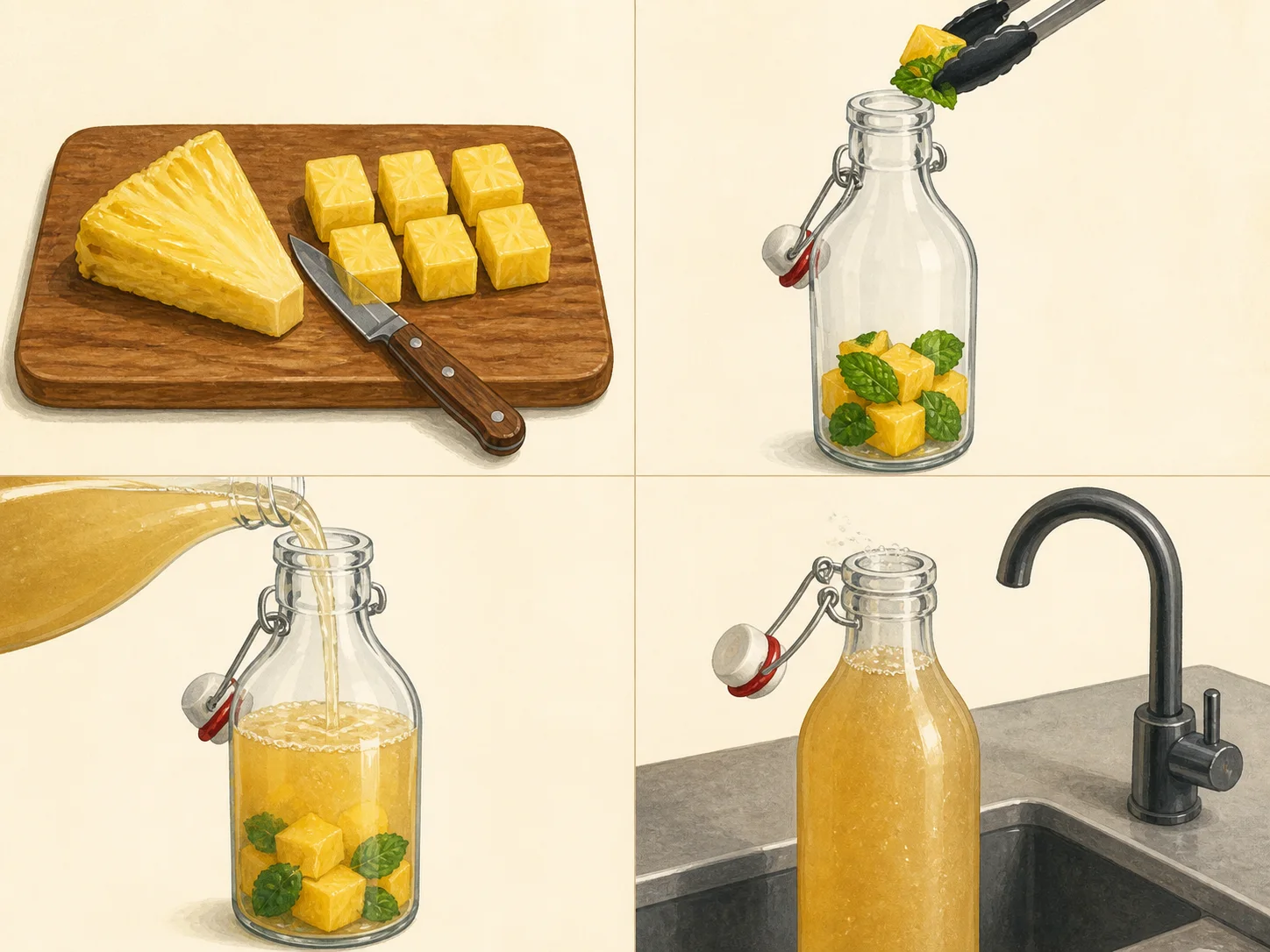 Four illustrated steps: prepare the flavor, fill the bottle, pour the chilled drink, and open the bottle slowly over the sink