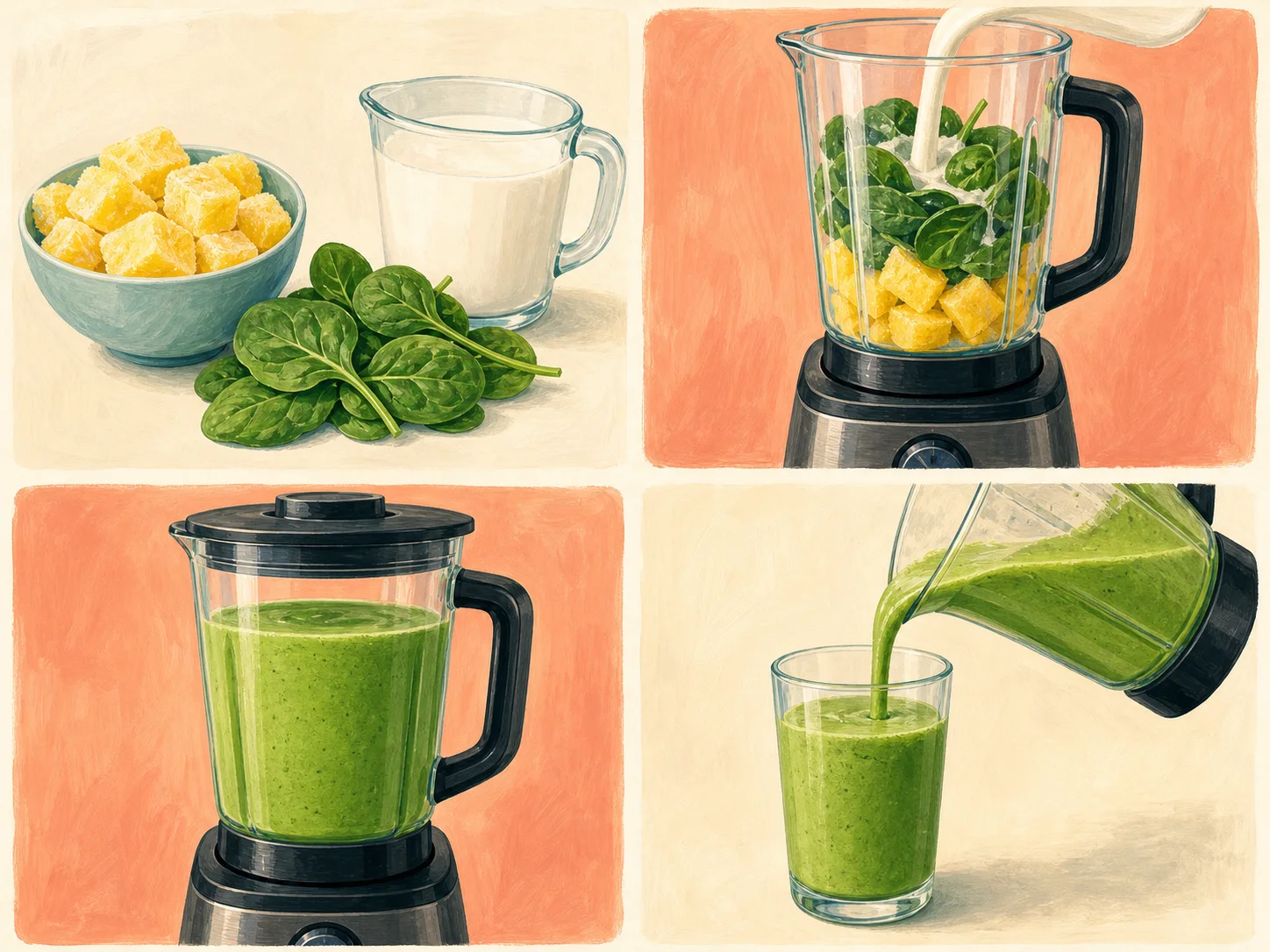 Four illustrated steps: prepare the fruit and kefir, load the blender, blend until smooth, and pour the smoothie