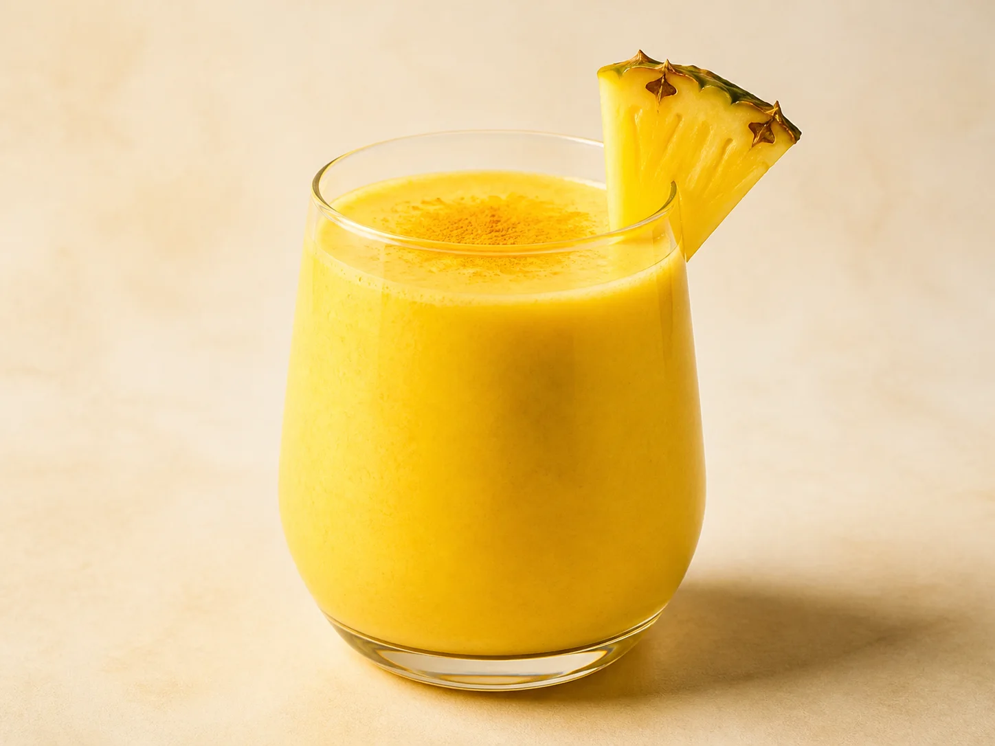 A finished serving of pineapple turmeric kefir smoothie
