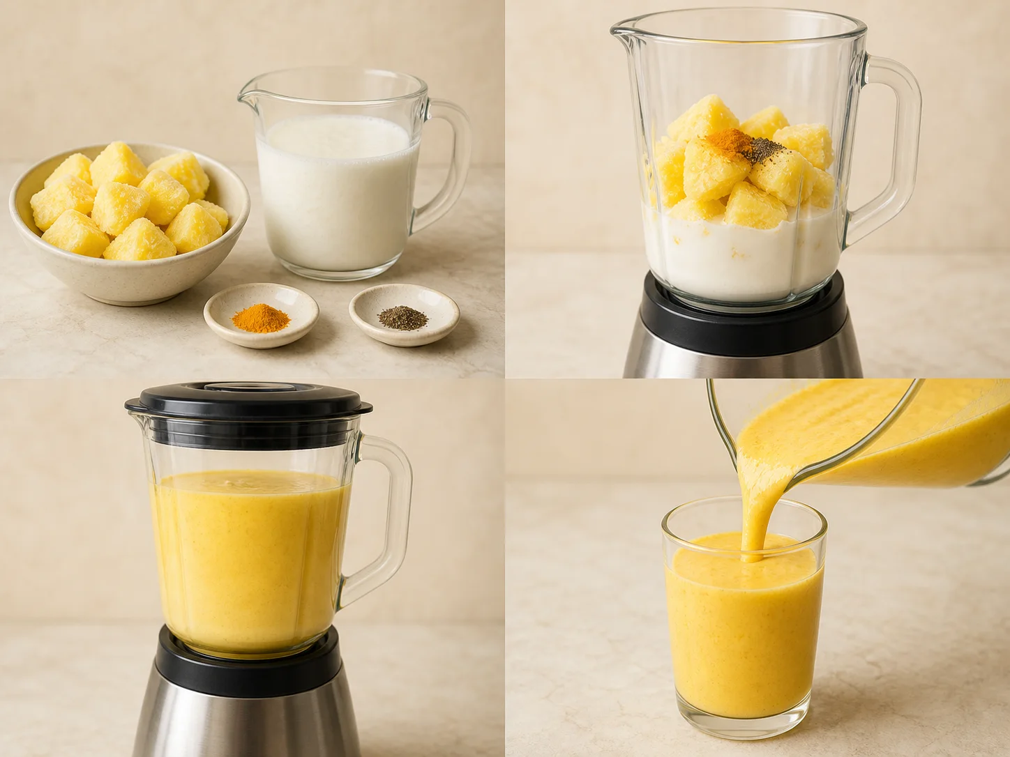 Four illustrated steps: prepare the fruit and kefir, load the blender, blend until smooth, and pour the smoothie