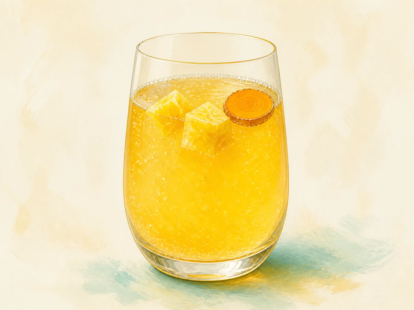 A finished serving of pineapple turmeric water kefir