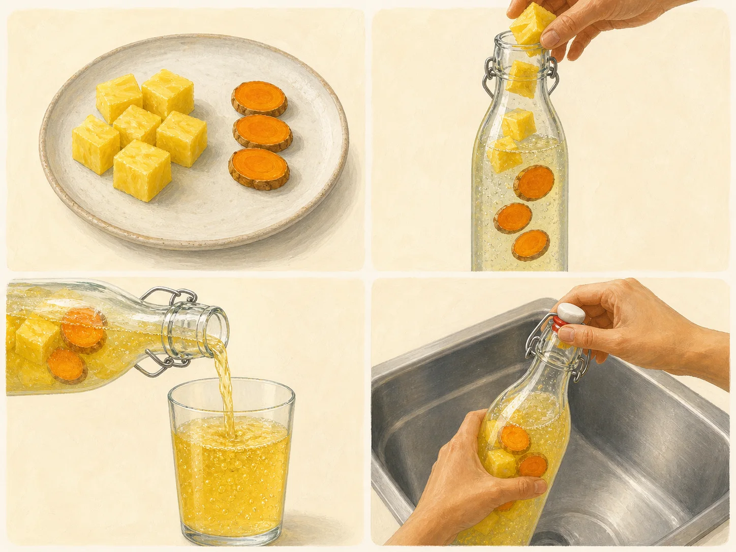 Four illustrated steps: prepare the flavor, fill the bottle, pour the chilled drink, and open the bottle slowly over the sink