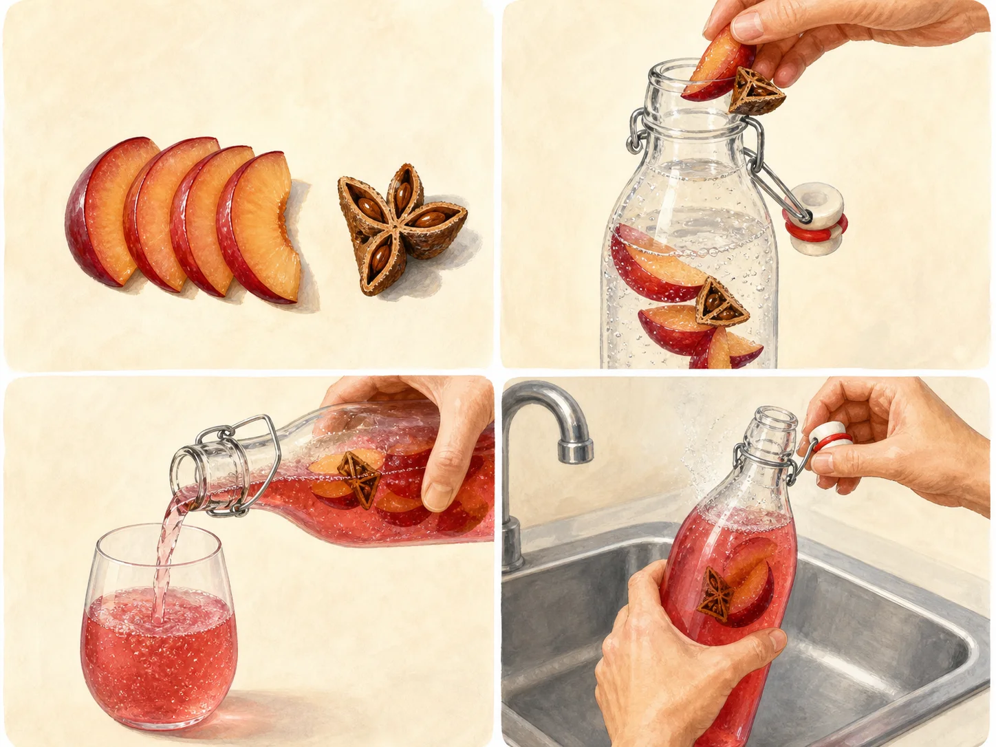 Four illustrated steps: prepare the flavor, fill the bottle, pour the chilled drink, and open the bottle slowly over the sink