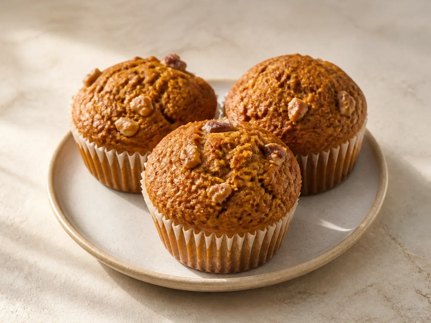 A finished serving of pumpkin walnut kefir muffins