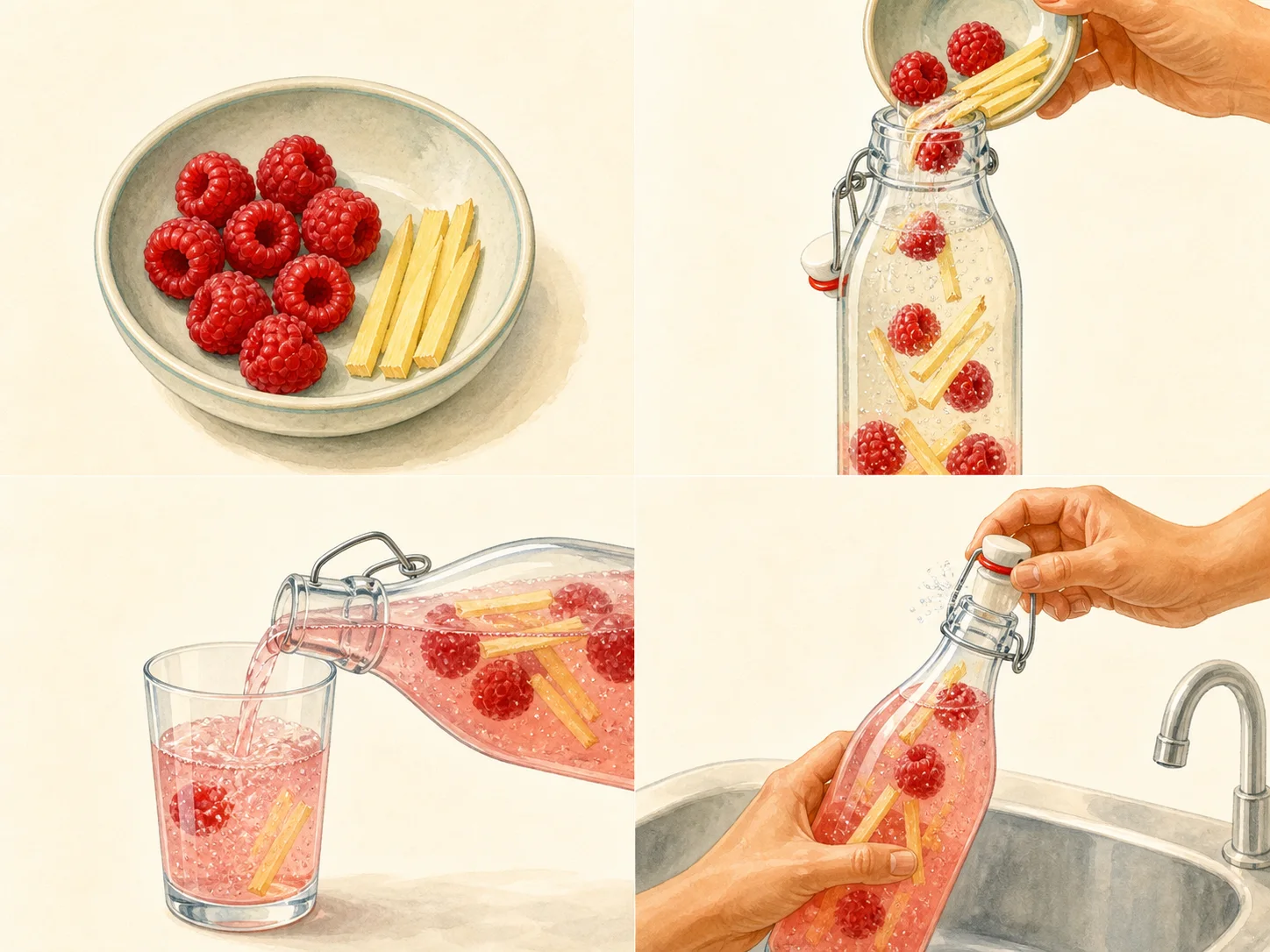 Four illustrated steps: prepare the flavor, fill the bottle, pour the chilled drink, and open the bottle slowly over the sink