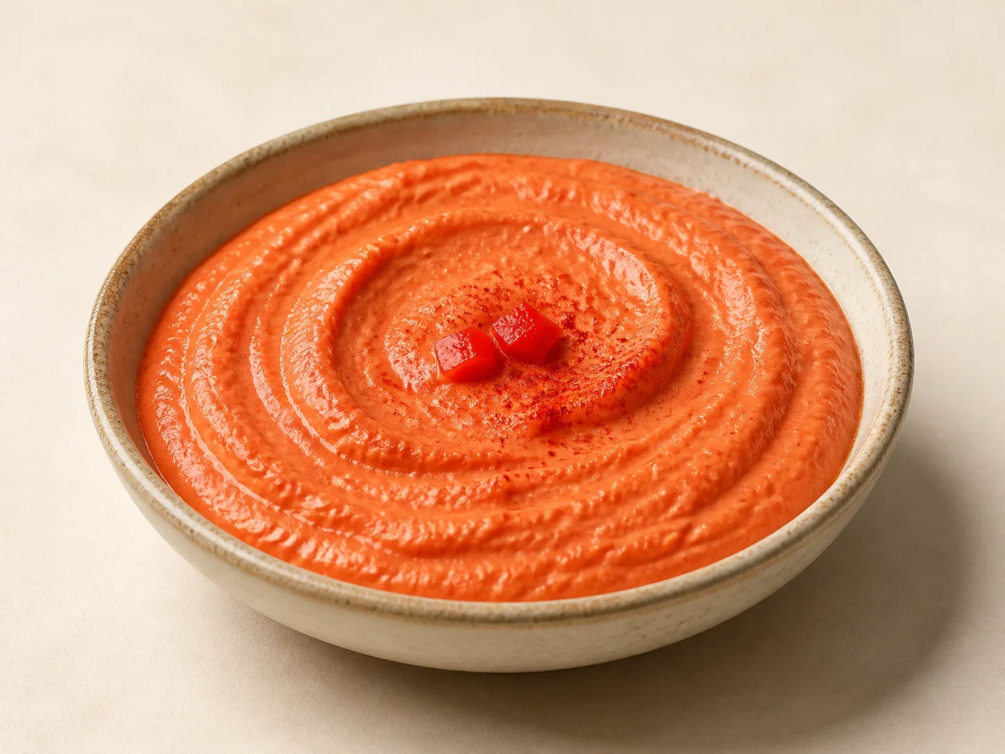 A finished serving of roasted pepper kefir spread