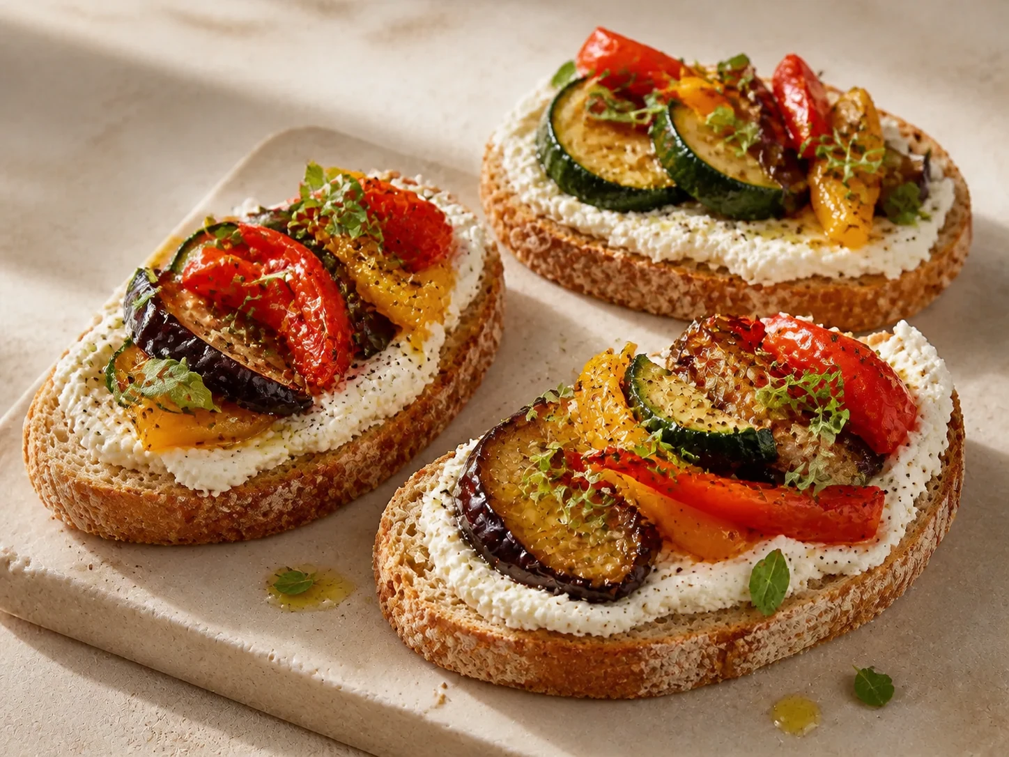 A finished serving of roasted vegetable kefir tartines