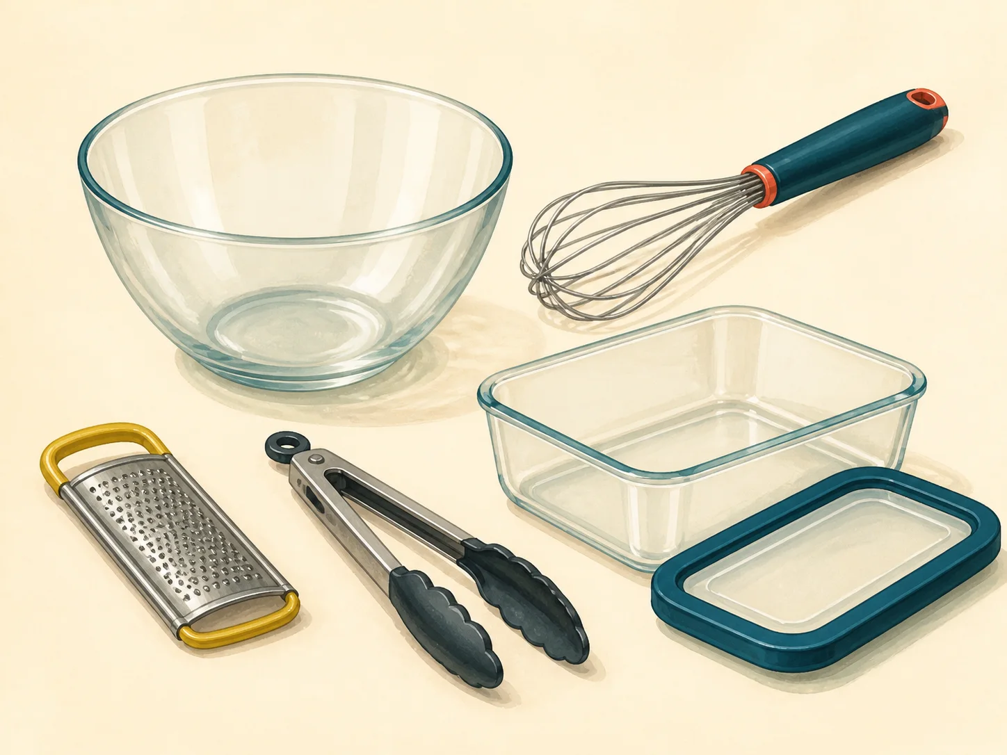 A glass mixing bowl, whisk, fine grater, kitchen tongs, and lidded food container