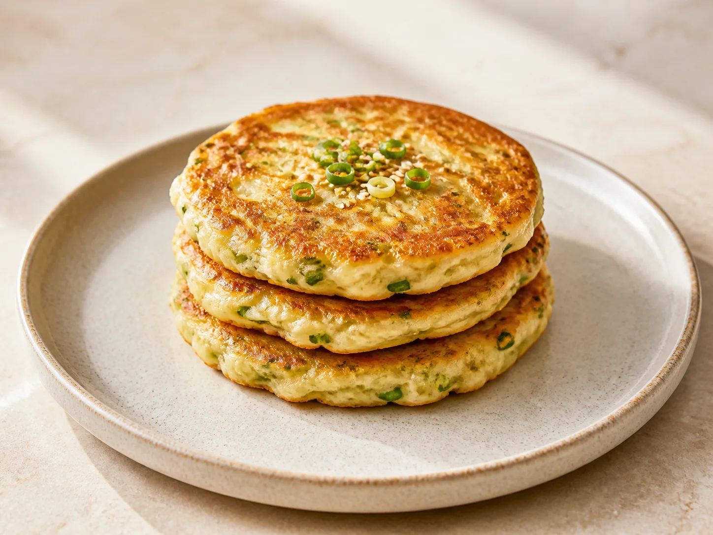 A finished serving of scallion sesame kefir pancakes