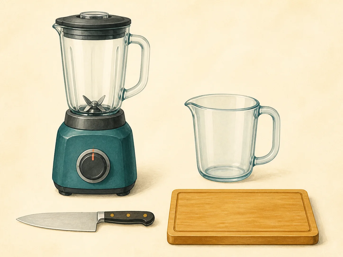 A blender, liquid measuring jug, knife, and cutting board