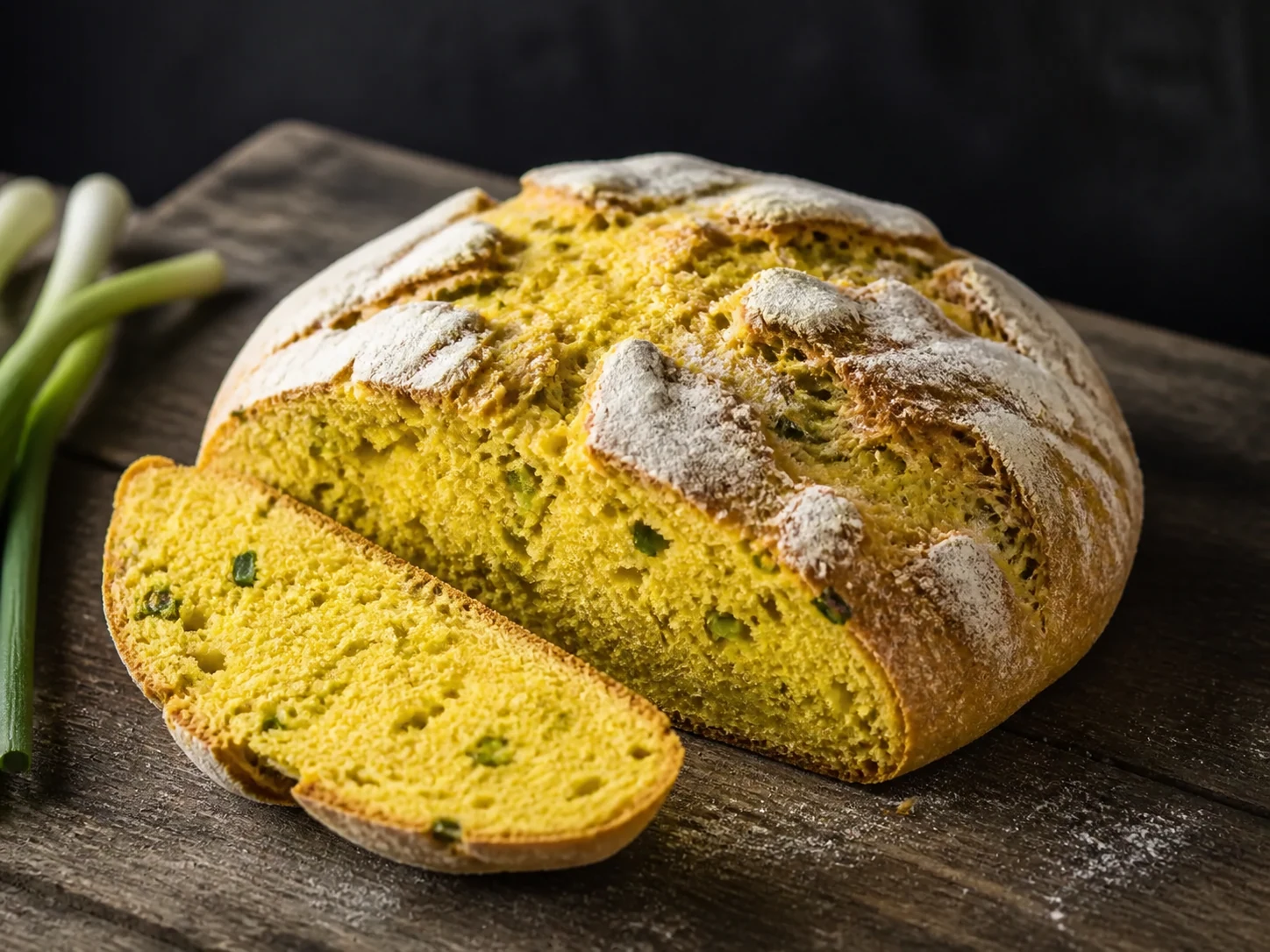 A finished serving of spring onion and turmeric kefir soda bread