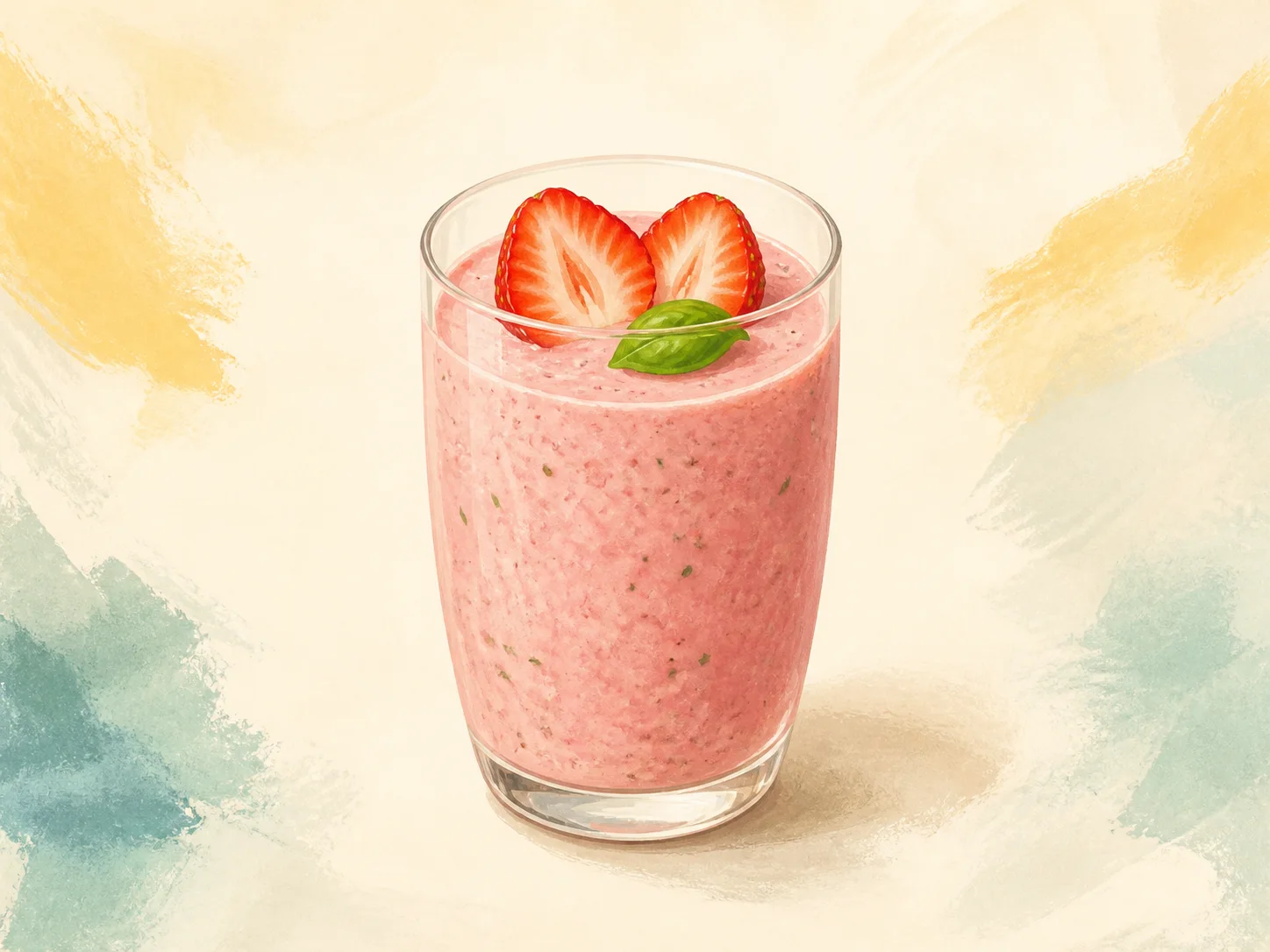 A finished serving of strawberry basil kefir smoothie