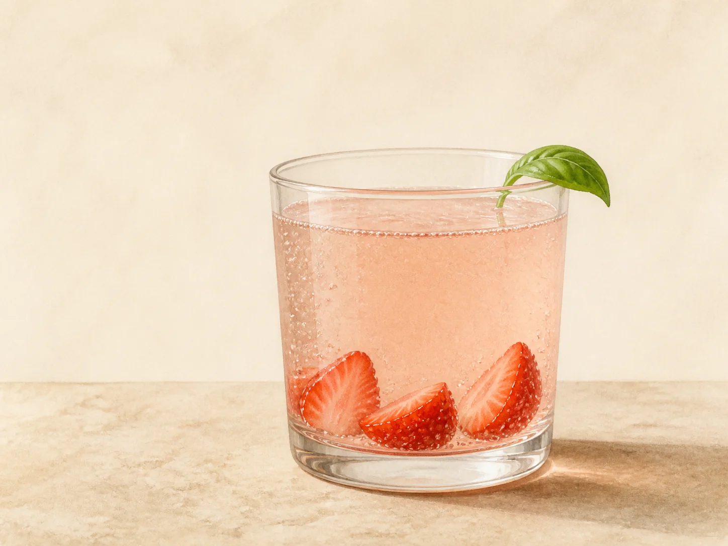 A finished serving of strawberry basil water kefir