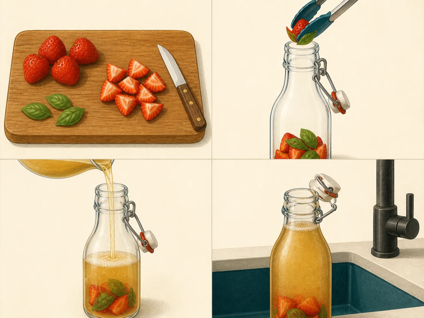 Four illustrated steps: prepare the flavor, fill the bottle, pour the chilled drink, and open the bottle slowly over the sink