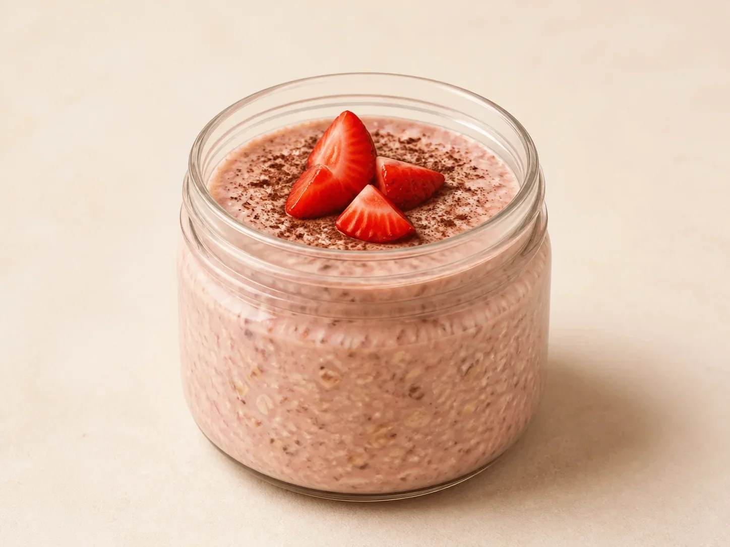 A finished serving of strawberry cocoa kefir overnight oats