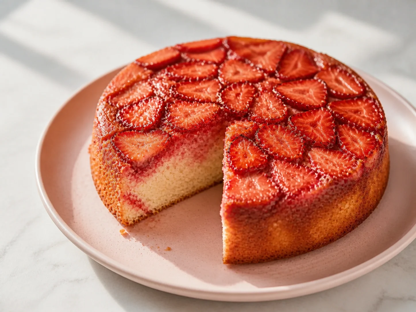 A finished serving of strawberry kefir upside-down cake