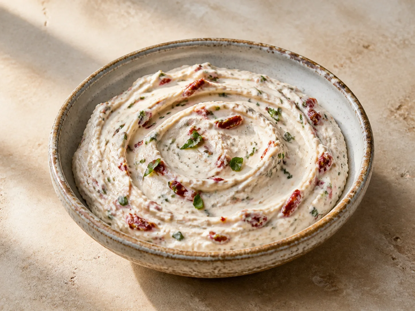 A finished serving of sun-dried tomato basil kefir spread
