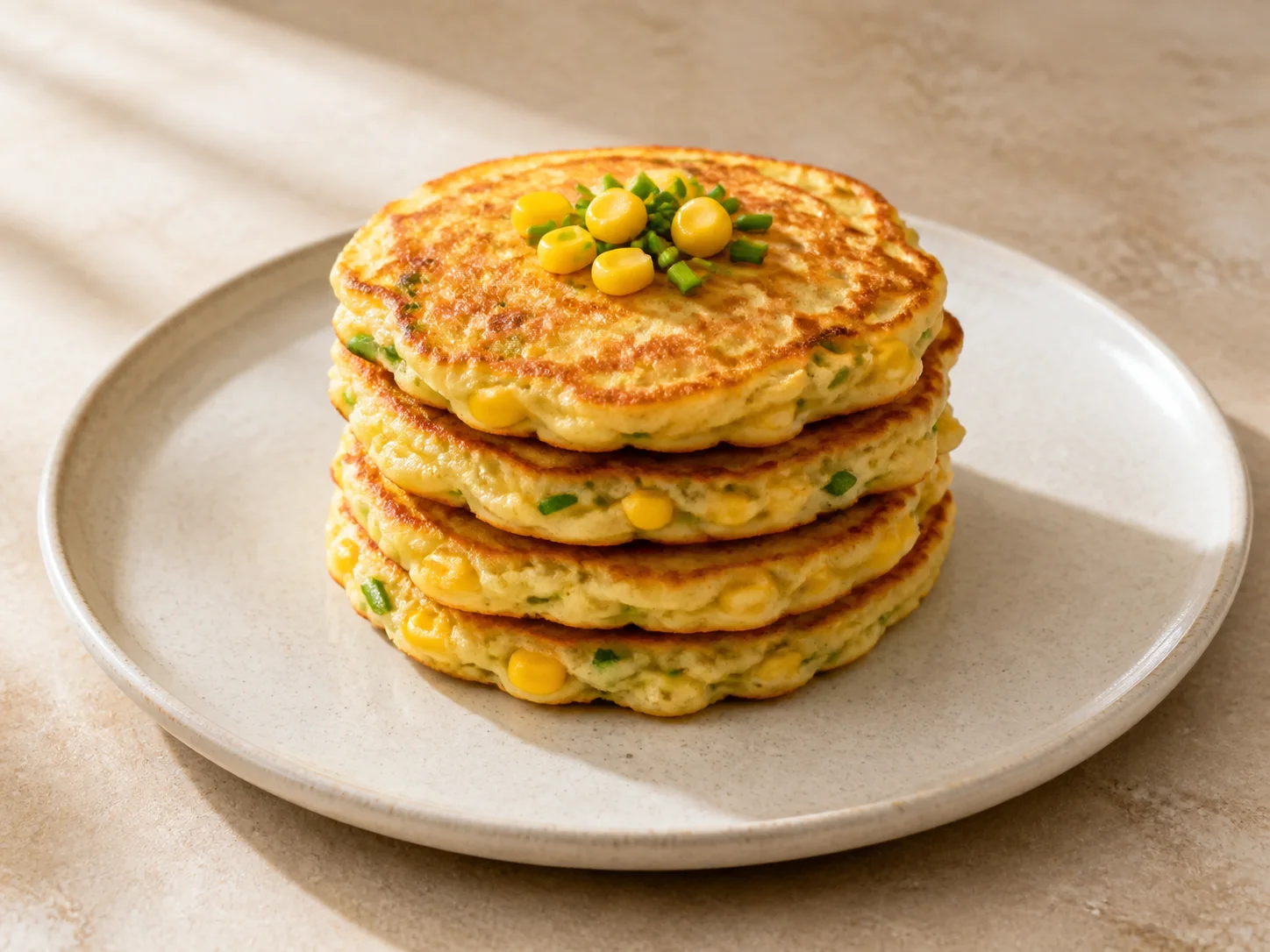 A finished serving of sweet corn chive kefir pancakes