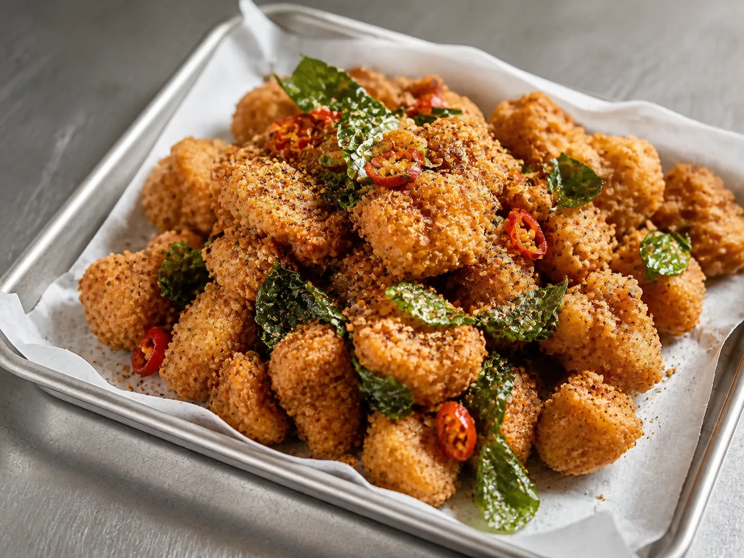 A finished serving of taiwan-style kefir popcorn chicken