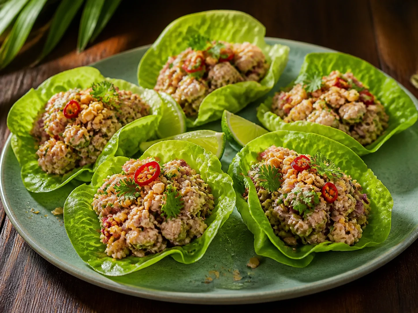 A finished serving of thai-style kefir chicken lettuce cups