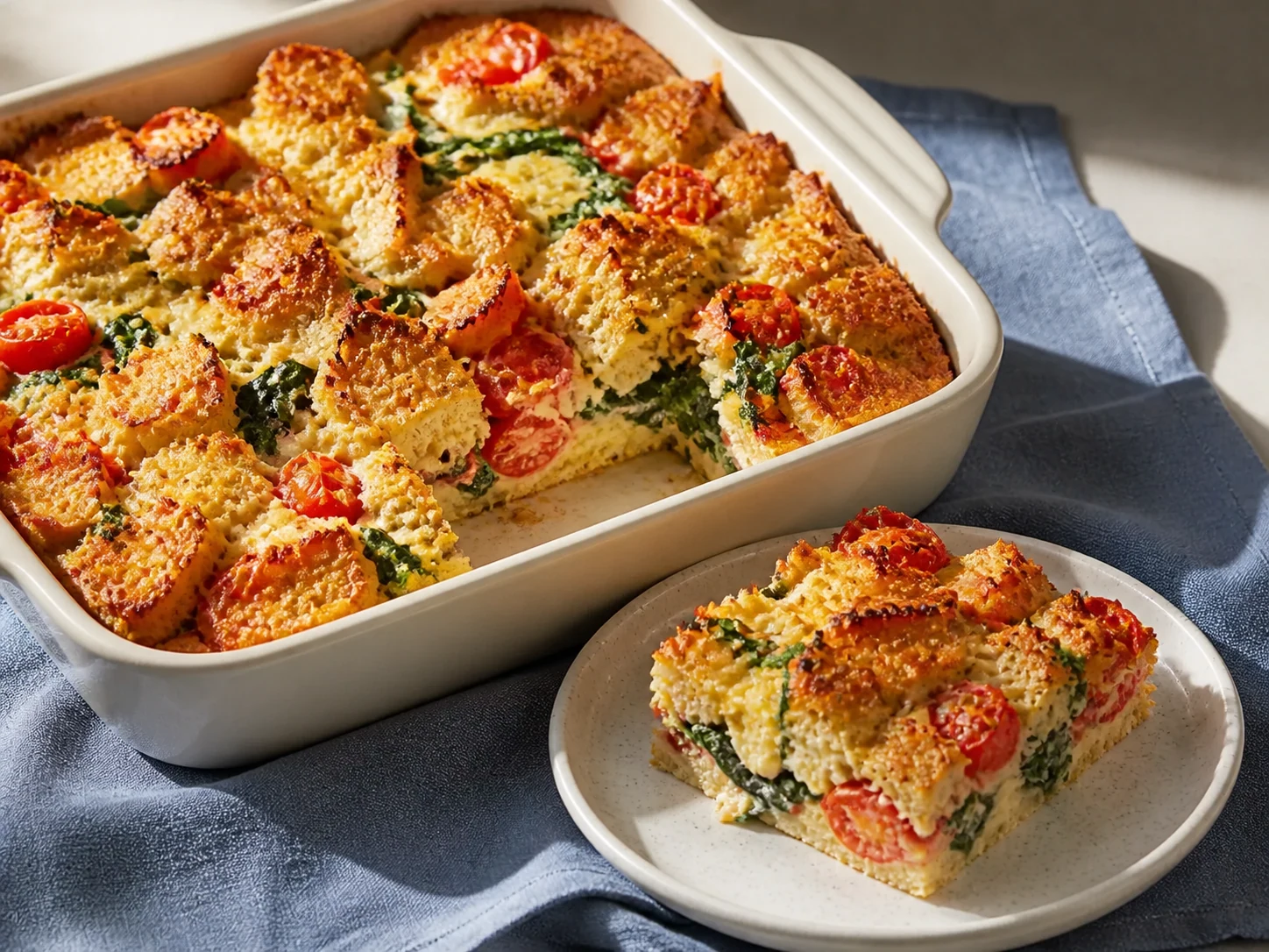 A finished serving of tomato spinach kefir breakfast strata