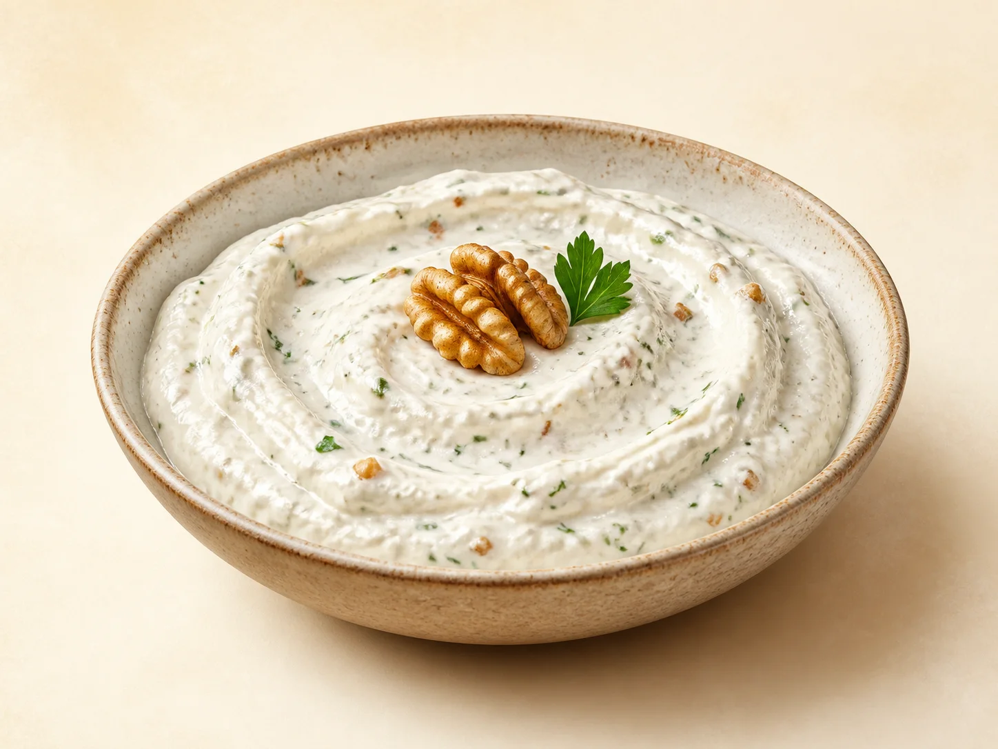 A finished serving of walnut herb kefir spread