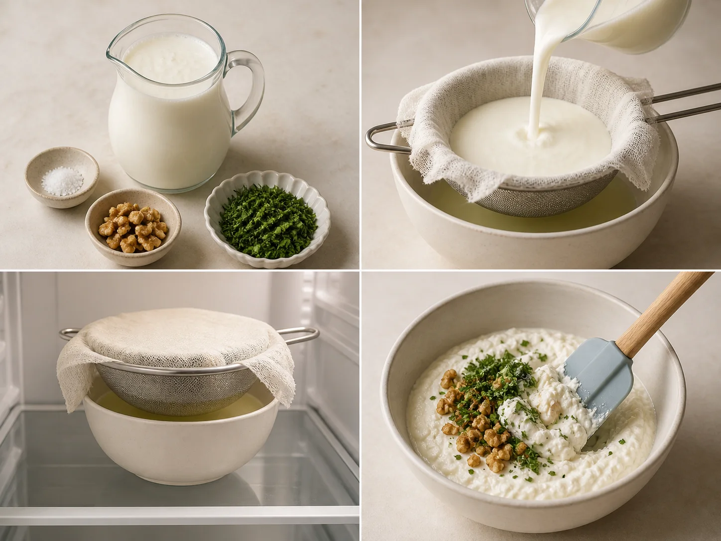 Four illustrated steps: line the sieve, drain the kefir in the refrigerator, fold in the flavor ingredients, and store the finished spread