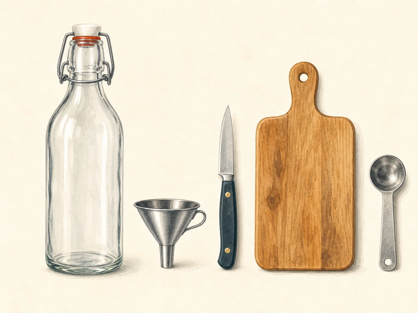 A pressure-rated swing-top bottle, funnel, knife, cutting board, and measuring spoon