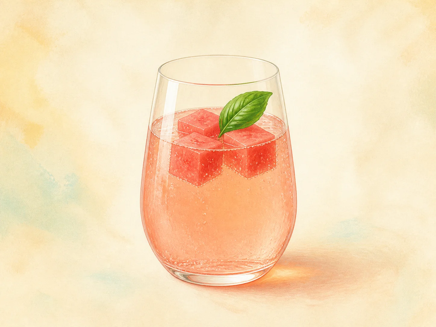 A finished serving of watermelon basil water kefir
