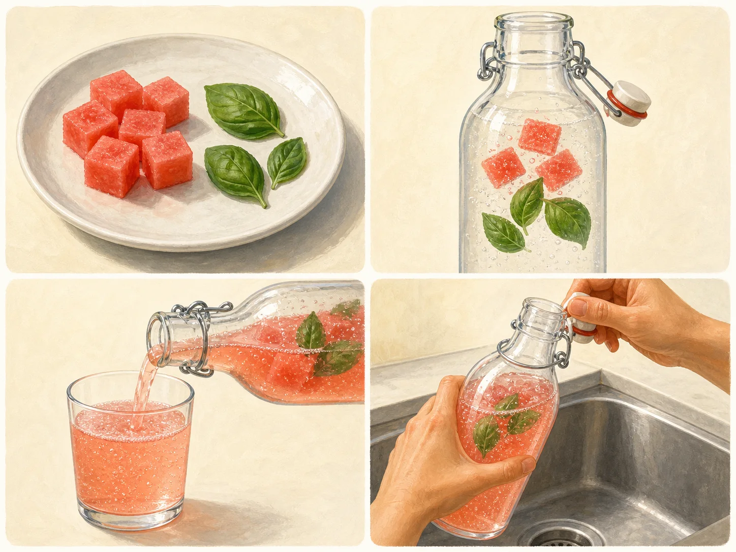 Four illustrated steps: prepare the flavor, fill the bottle, pour the chilled drink, and open the bottle slowly over the sink