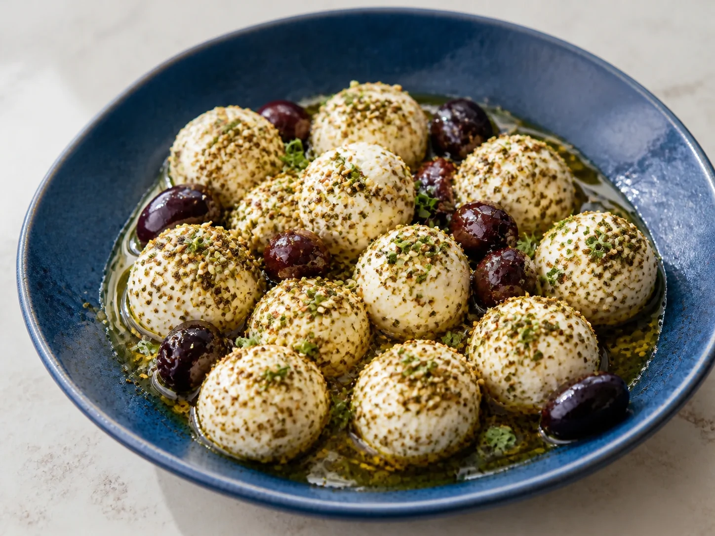 A finished serving of za'atar kefir labneh balls